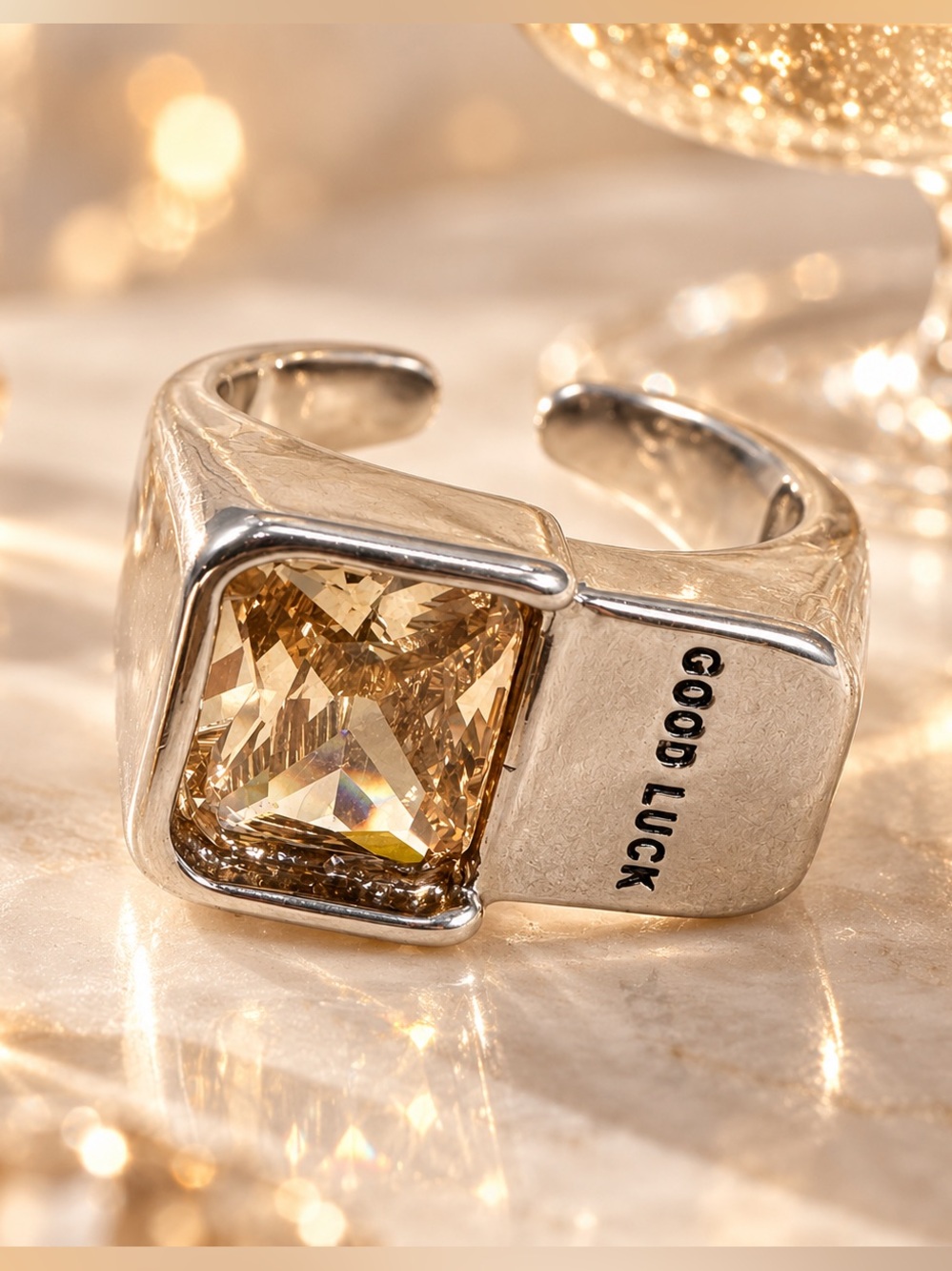 Silver Tone Champagne CZ Statement Ring